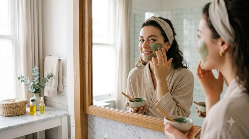A woman gently applying a homemade face mask to her cheek in a bright bathroom setting Her skin looks fresh and she is s