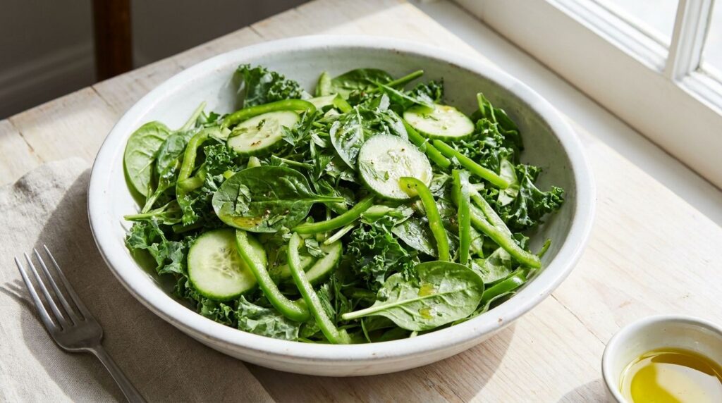 A colorful bowl of fresh green salad with various leafy greens cucumber and bell peppers demonstrating vibrant health