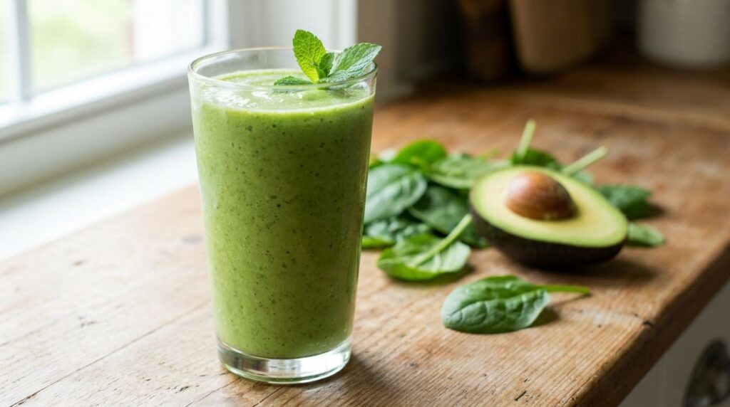 A close-up of vibrant green smoothie in a glass with fresh spinach and avocado slices in the background illustrating eas