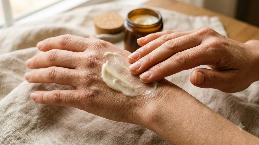 A close-up of hands applying a rich balm symbolizing the Vaseline Glycerin Hand Rescue with a gentle soft focus and warm