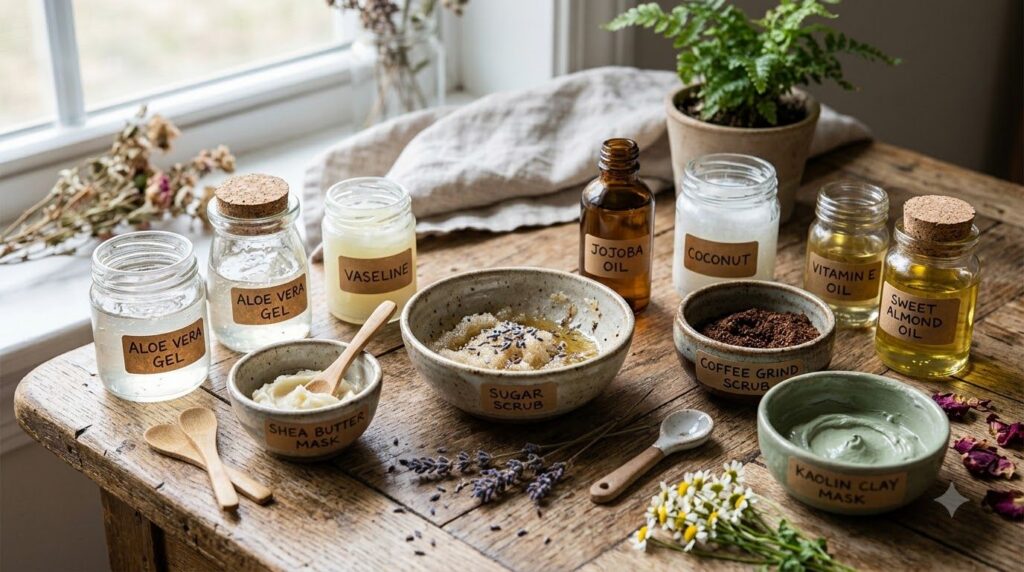 Small clean glass jars and bowls with natural ingredients for DIY beauty like Vaseline aloe vera and oils on a rustic wo