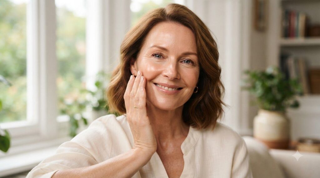 A woman in her 40s or 50s smiling and touching her smooth glowing cheek demonstrating healthy and hydrated skin