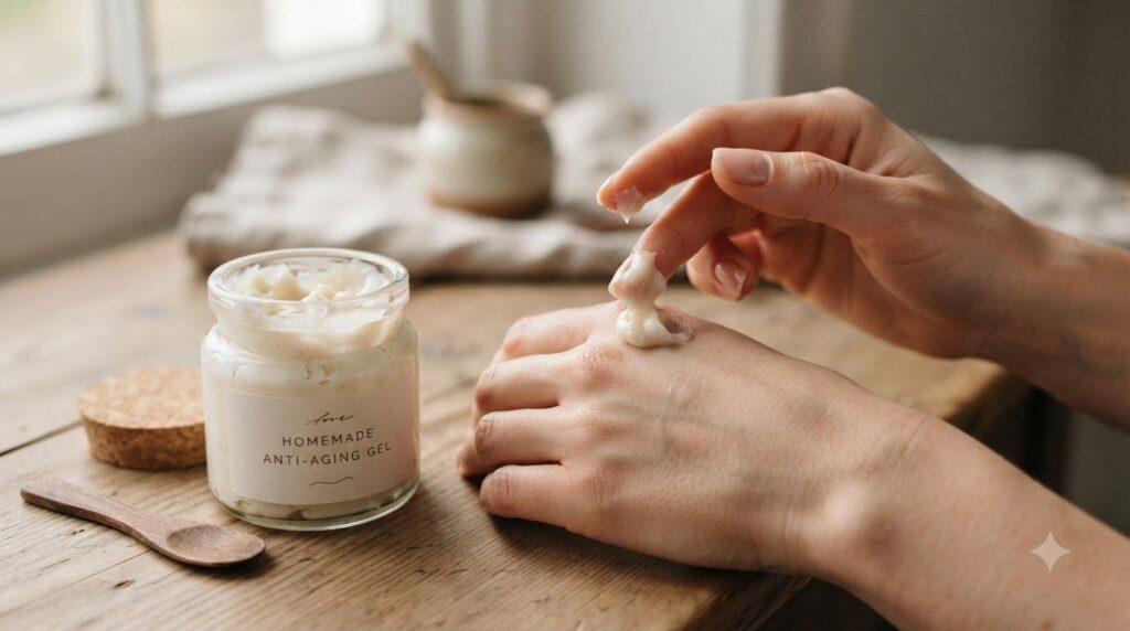 A close-up of a small glass jar containing the mixed anti-aging gel with a hand applying a small amount to the back of a