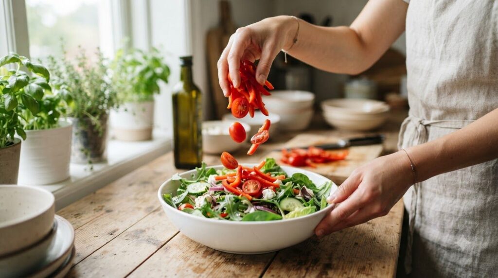 A person s hands preparing a fresh colorful salad with various red vegetables like sliced red bell peppers cherry tomato