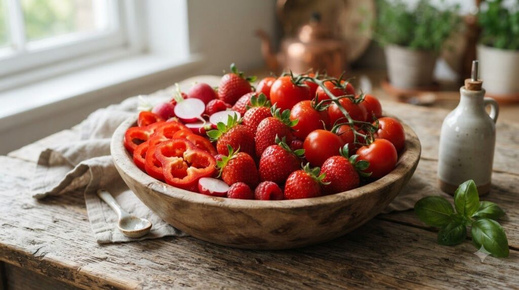 A vibrant colorful bowl filled with a variety of fresh red fruits and vegetables like strawberries raspberries cherry to