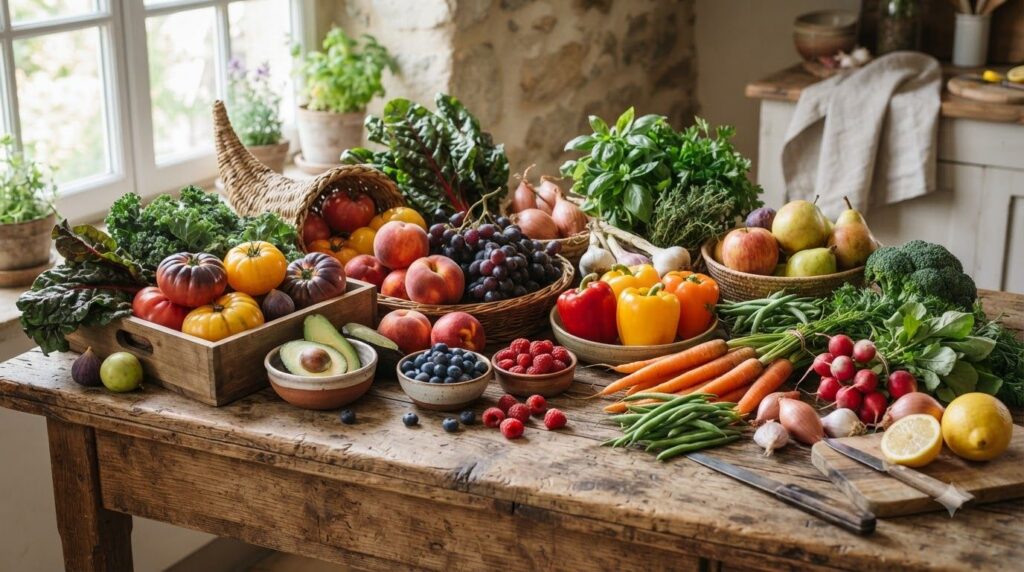 A colorful array of fresh seasonal fruits and vegetables laid out on a rustic wooden table suggesting local and natural 
