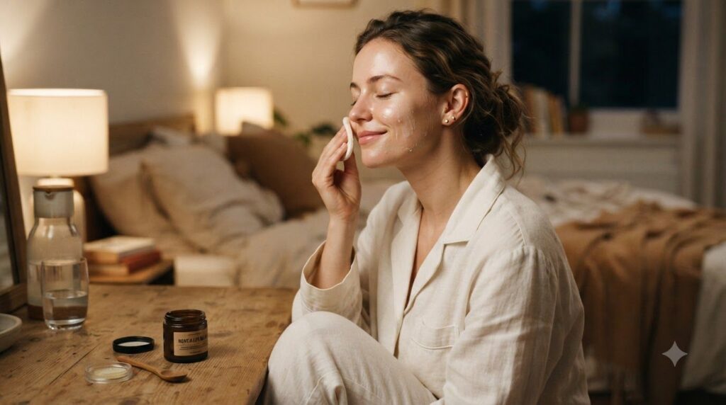 A woman gently dabbing the homemade Vaseline honey and olive oil balm onto her cheek with a cotton pad before bed Her ey