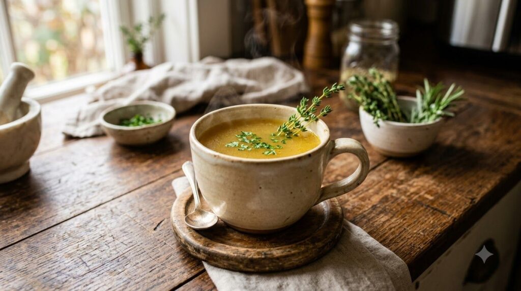 A steaming mug of golden bone broth perhaps with a sprig of rosemary or thyme on a cozy kitchen counter indicating warmt