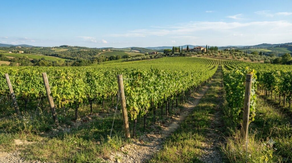 A sunny vineyard with healthy grapevines growing on trellises showing lush green leaves and developing grape bunches