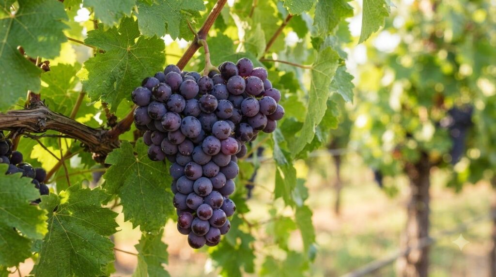 A close-up of a vibrant bunch of ripe purple grapes hanging on a vine with green leaves in the background ready for harv