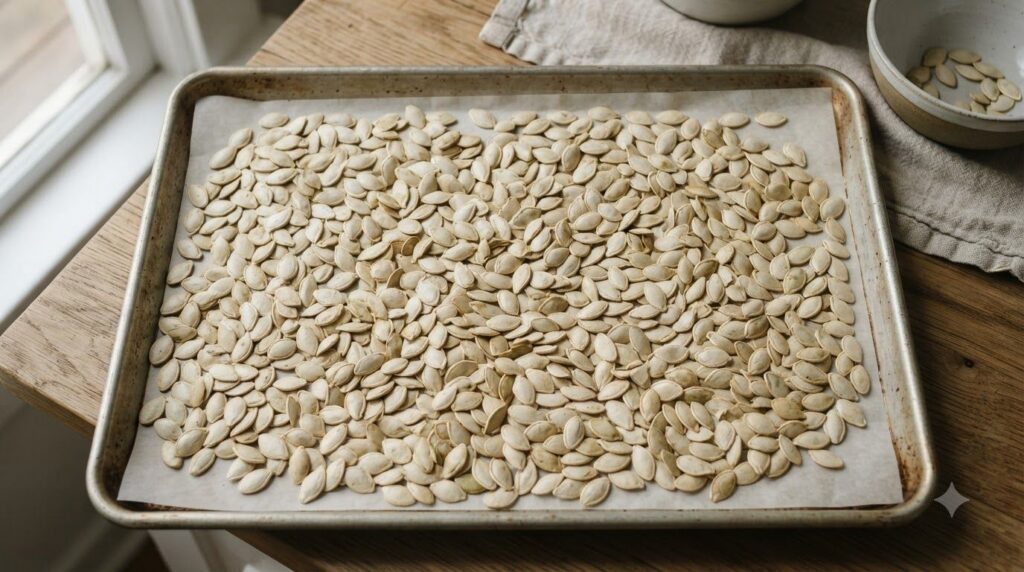 A close-up of raw pumpkin seeds spread in a single layer on a baking sheet lined with parchment paper clearly drying bef