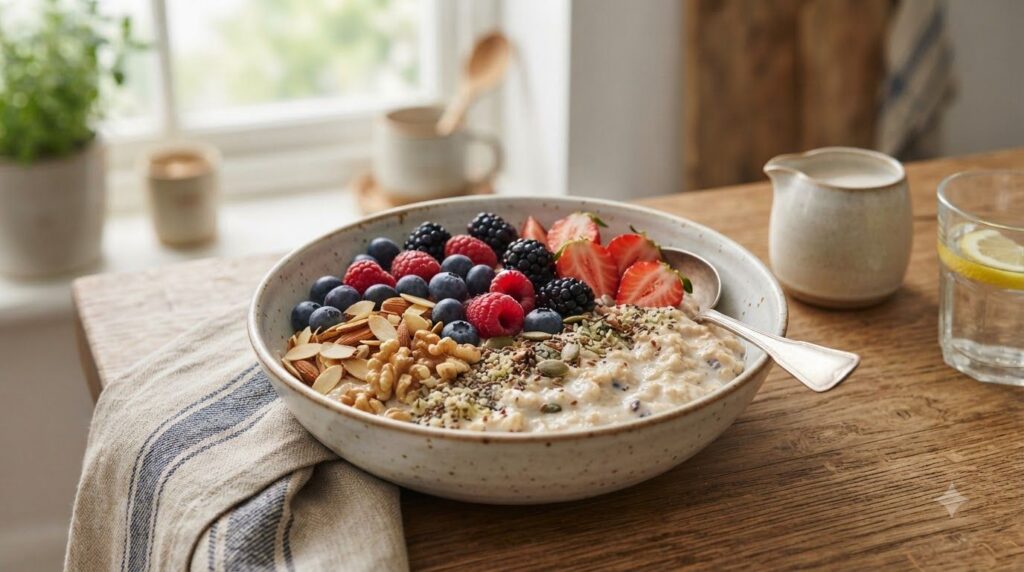 A vibrant healthy protein-rich breakfast bowl with oatmeal fresh berries nuts and seeds suggesting energy and delicious 