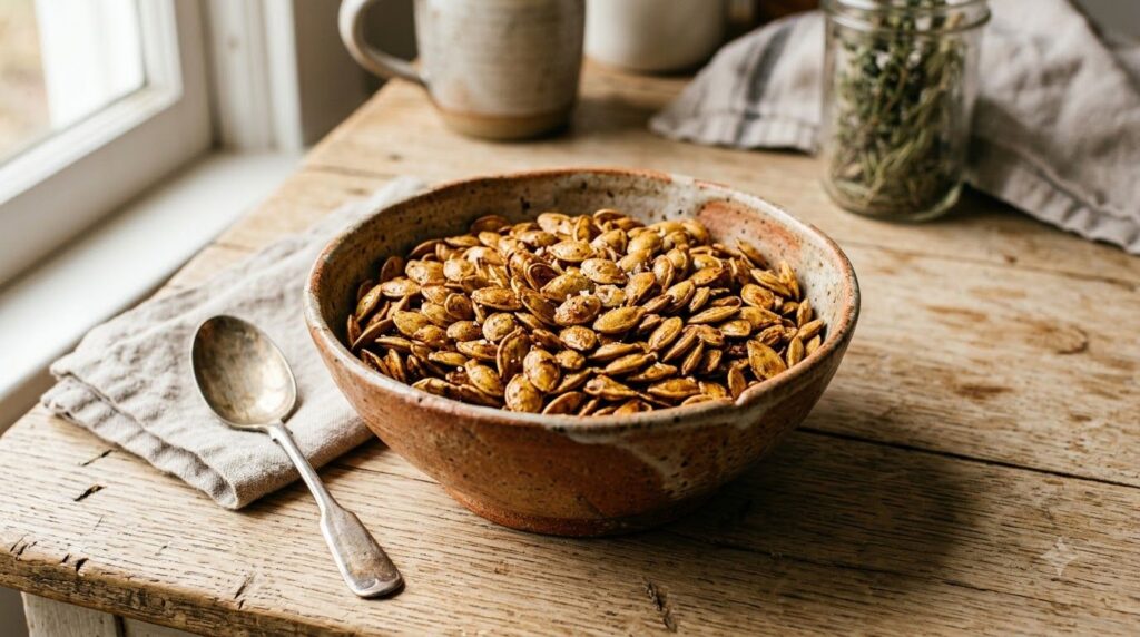 Roasted pumpkin seeds in a rustic bowl perfectly golden brown and slightly textured ready for snacking