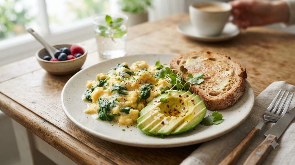 A healthy breakfast plate featuring scrambled eggs with vibrant spinach fresh slices of avocado and a piece of golden-br