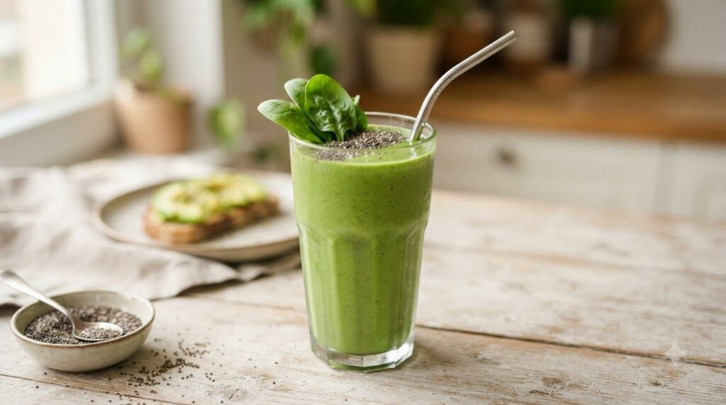 A vibrant green smoothie in a tall glass garnished with fresh spinach leaves and a few chia seeds on top indicating a he