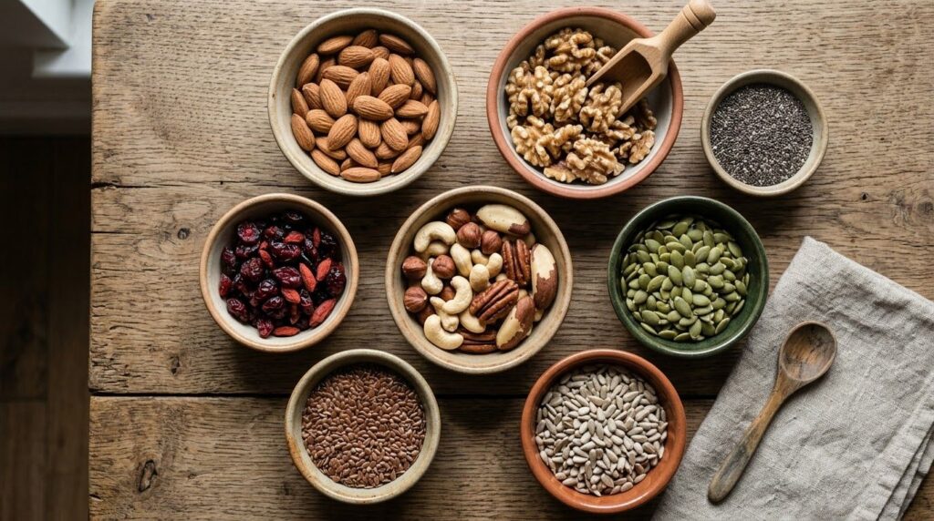 A variety of raw nuts and seeds such as almonds walnuts chia seeds and pumpkin seeds artfully arranged in small bowls on
