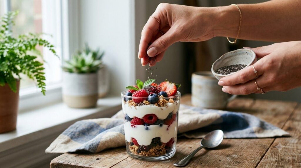 A person s hand sprinkling chia seeds over a vibrant berry and yogurt parfait showing a healthy breakfast preparation