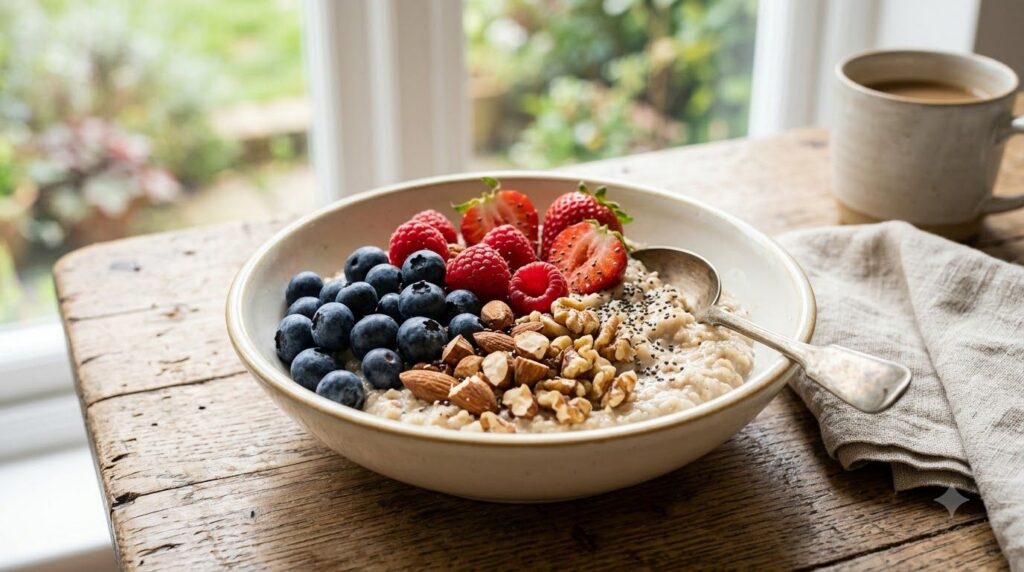 A vibrant and healthy breakfast bowl topped with chopped nuts such as almonds and walnuts along with berries and chia se