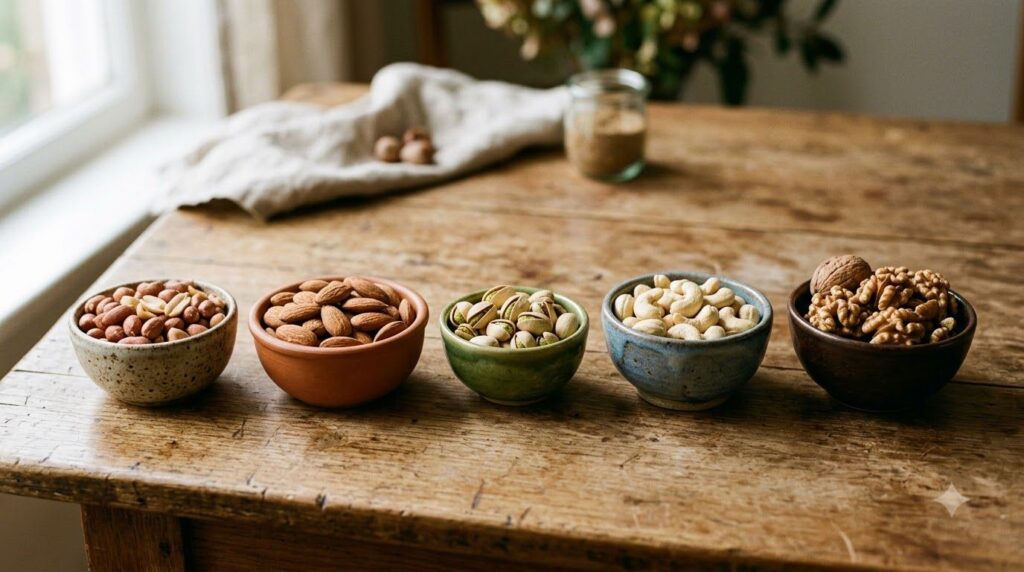 A variety of nuts in individual small bowls or piles showcasing their different shapes and colors Include peanuts almond