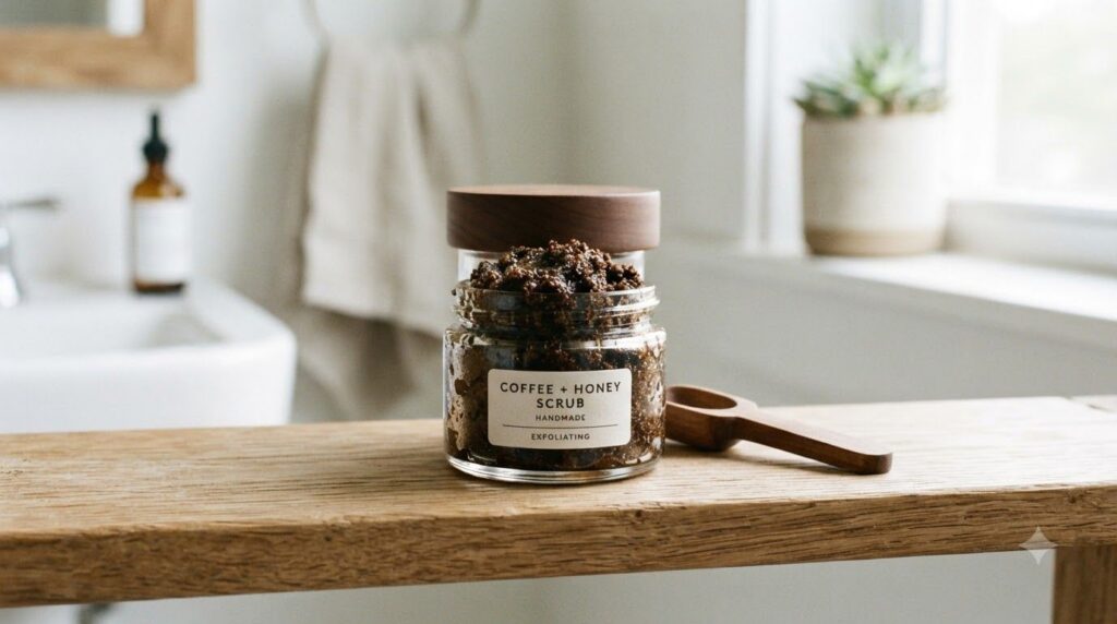 A close-up of a small glass jar filled with the prepared coffee honey scrub against a natural clean bathroom background