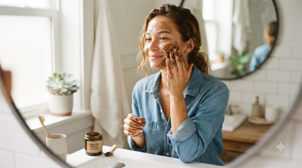 A woman gently applying a coffee honey scrub to her face in a bathroom with soft lighting