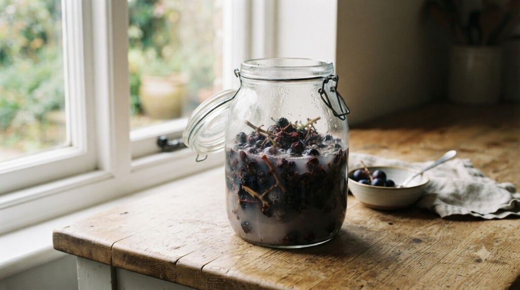 A clear glass jar filled with purple grape skins and stems submerged in water on a rustic kitchen counter
