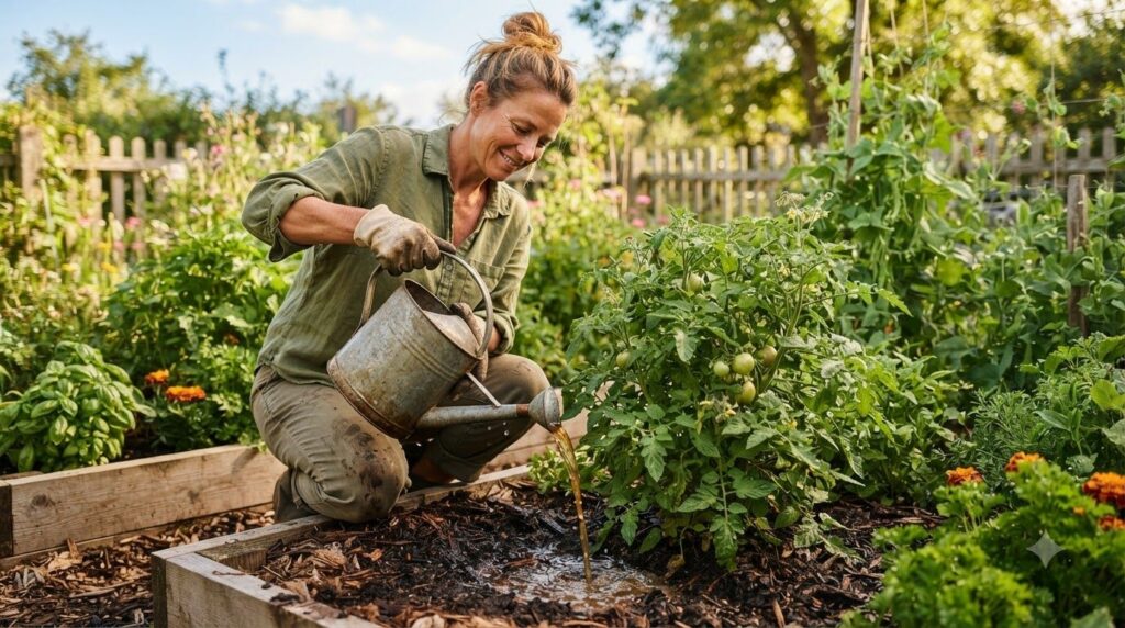 A gardener watering a vibrant green plant in a garden bed with diluted fermented grape scrap tea from a watering can bri