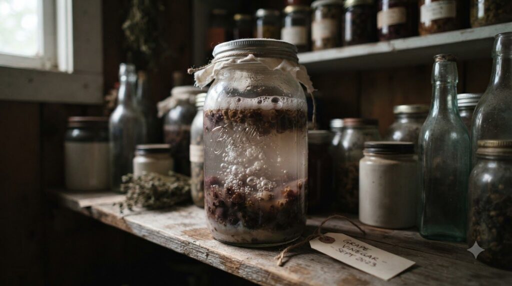 A clear glass jar with active fermentation visible bubbles rising from submerged grape scraps and a cloudy liquid placed
