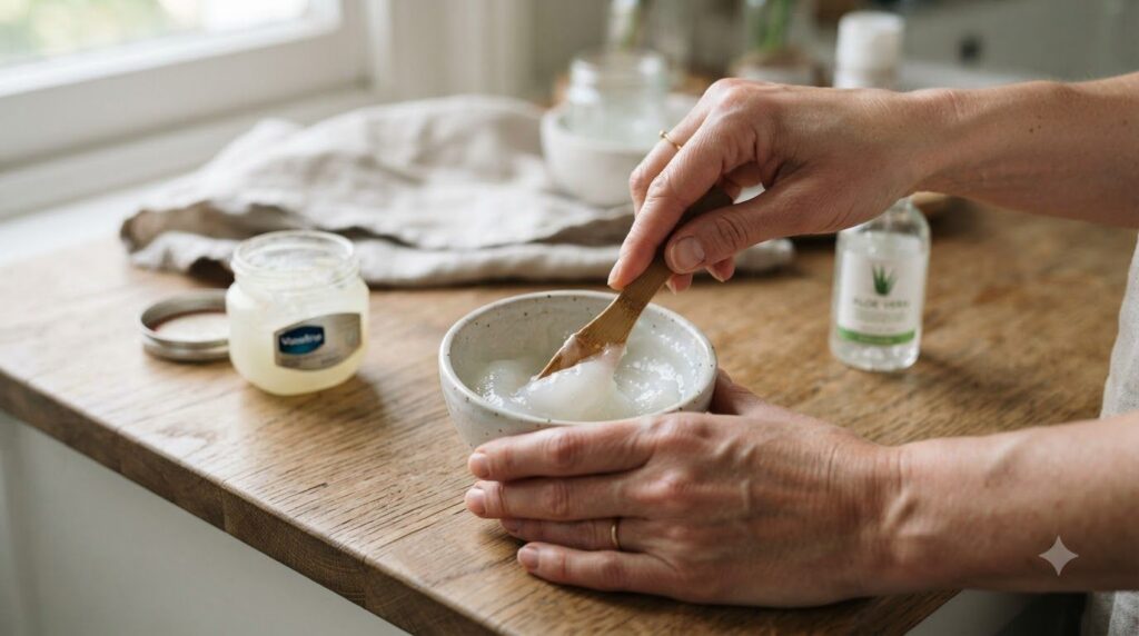 Close-up of hands mixing Vaseline and fresh aloe vera gel in a small ceramic bowl with a spatula creating a smooth white