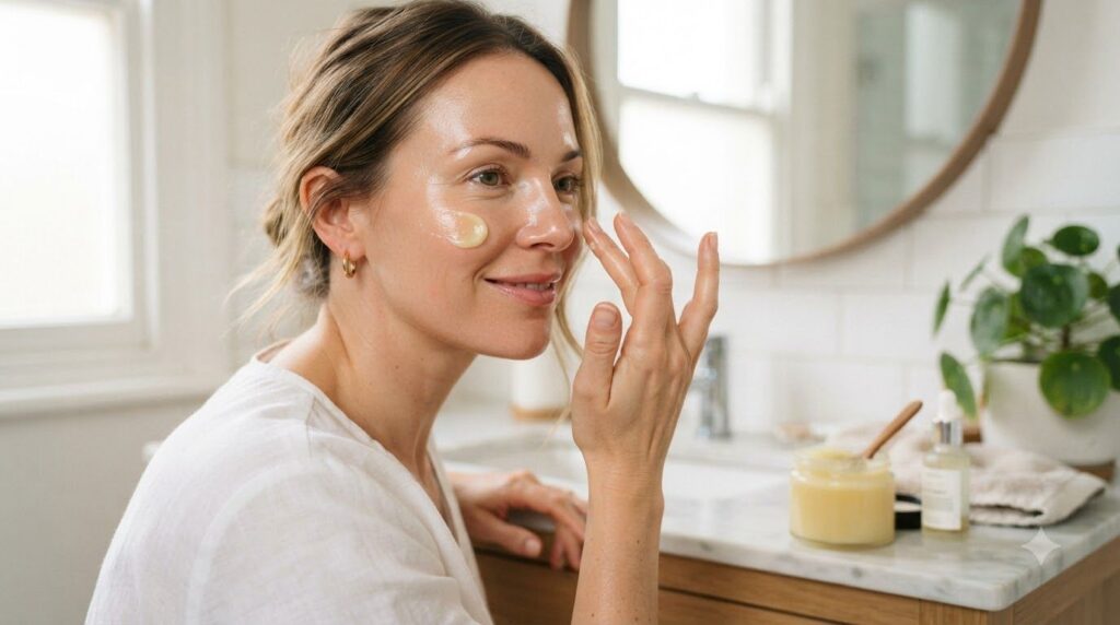 A woman gently applying a thin layer of a homemade Vaseline and natural ingredient balm to her cheek with her fingertips