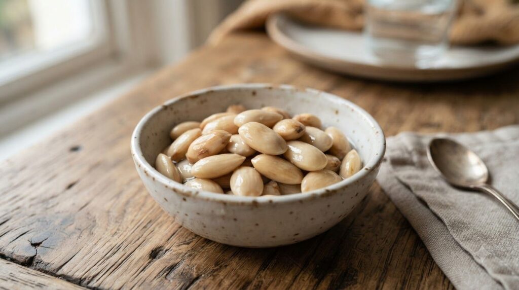 Close-up of soaked almonds in a bowl plump and ready to eat