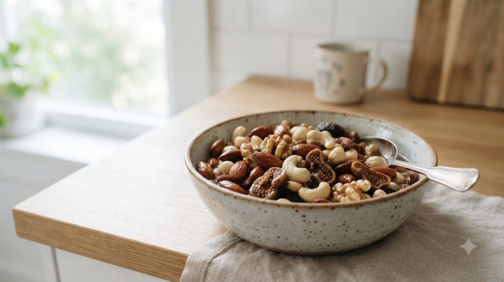 A bowl of mixed soaked nuts and dried fruits with a spoon ready to be added to a breakfast bowl or snacked on