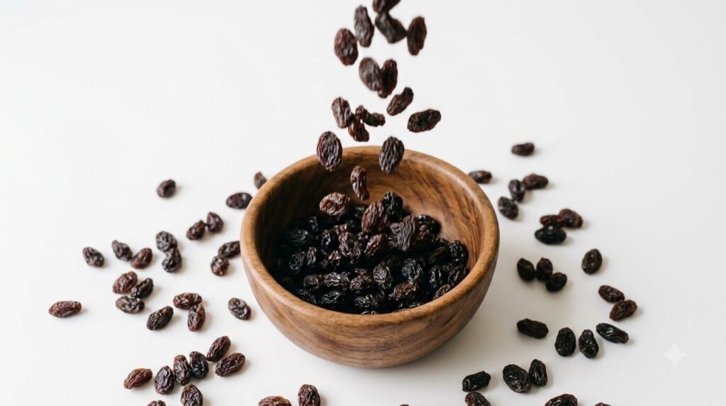 A handful of dark raisins being dropped into a small wooden bowl with more raisins scattered on a white surface