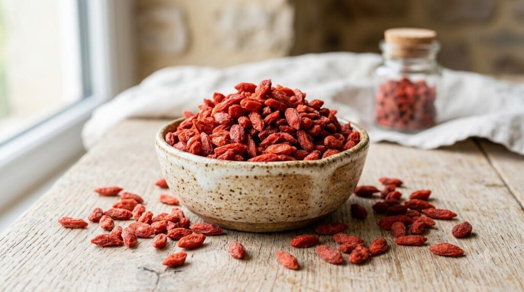 A small bowl of dried red goji berries with some scattered around the bowl on a light background