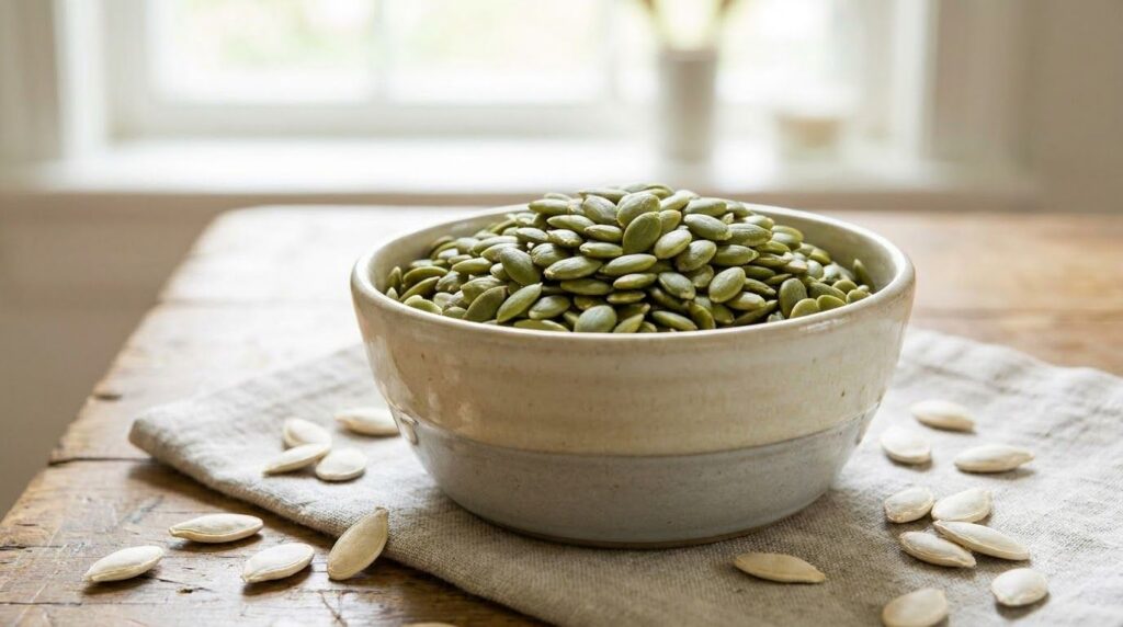 A bowl of vibrant green pumpkin seeds some shelled and some with shells on a clean background highlighting their rich co
