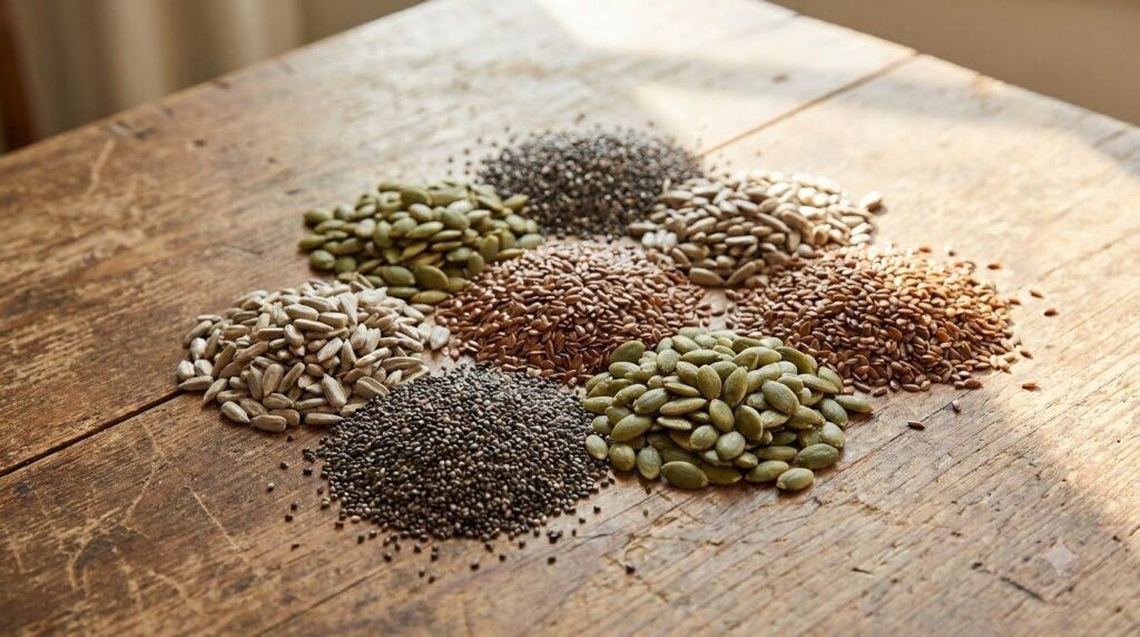 A close-up shot of various seeds like pumpkin flax chia and sunflower arranged in small piles on a rustic wooden table s