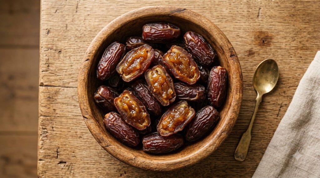 A bowl of fresh Medjool dates on a wooden table with some dates cut open to show the rich sticky interior