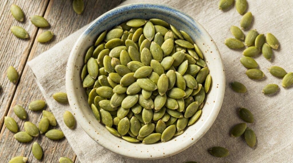 A small ceramic bowl filled with raw shelled green pumpkin seeds with a few seeds spilled out