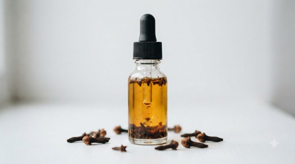 A close-up of a small glass dropper bottle filled with golden clove-infused oil next to scattered whole dried cloves on 
