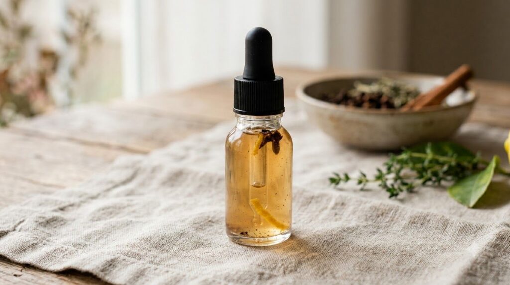 A close-up of a small glass bottle of the finished clove and lemon elixir with a dropper against a soft naturally lit ba