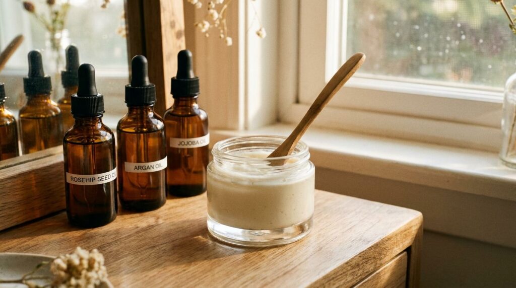 A small clear glass jar filled with the homemade skincare mix a blend of aloe petroleum jelly and oil next to a few smal