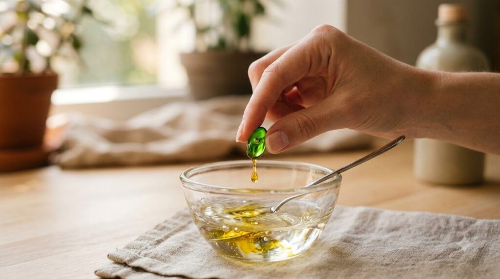 A close-up shot of a hand mixing clear baby oil with the contents of a punctured green vitamin E capsule in a small clea