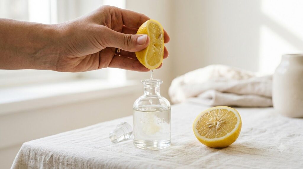 A hand squeezing fresh lemon juice into a small container of baby oil A sliced lemon half is visible next to the contain