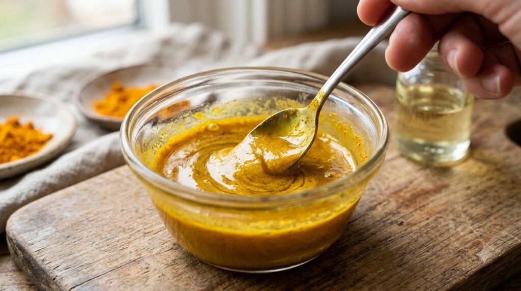A small bowl with baby oil and turmeric powder being mixed by a spoon showcasing the rich golden color of the blend The