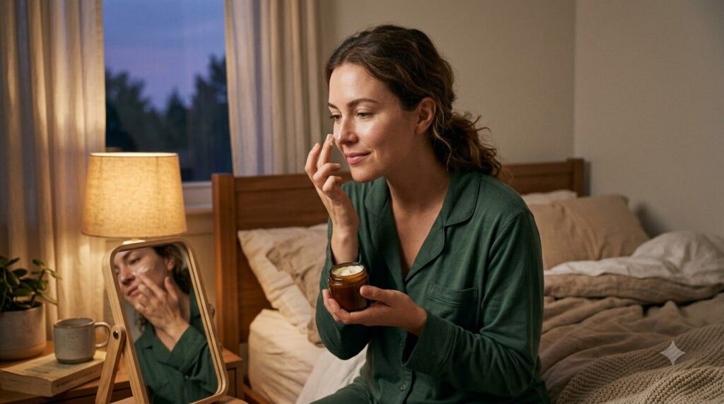 A woman gently applying a homemade night cream mixture to her face before bed in a cozy bedroom setting