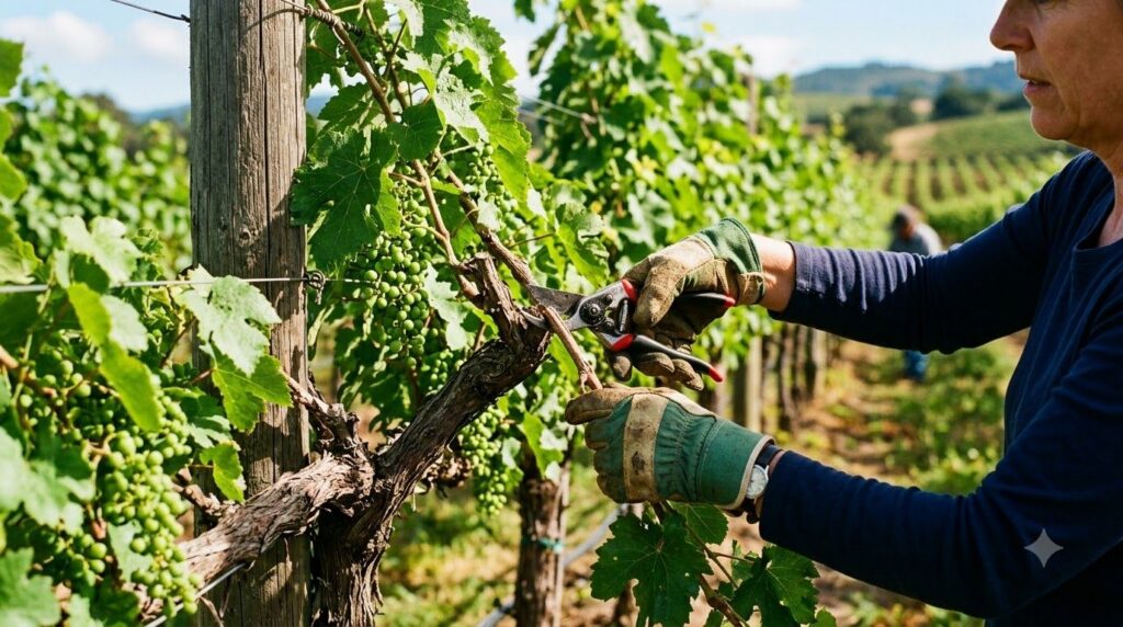 A gardener carefully pruning a mature grapevine with secateurs showing neat cuts and healthy vine structure