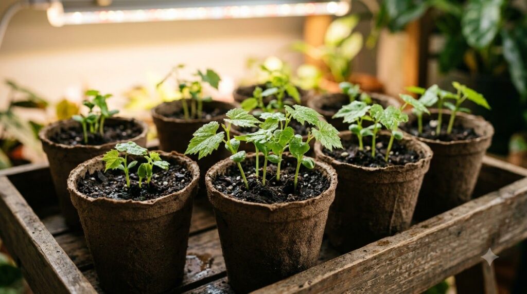 Young grape seedlings sprouting in small pots under grow lights