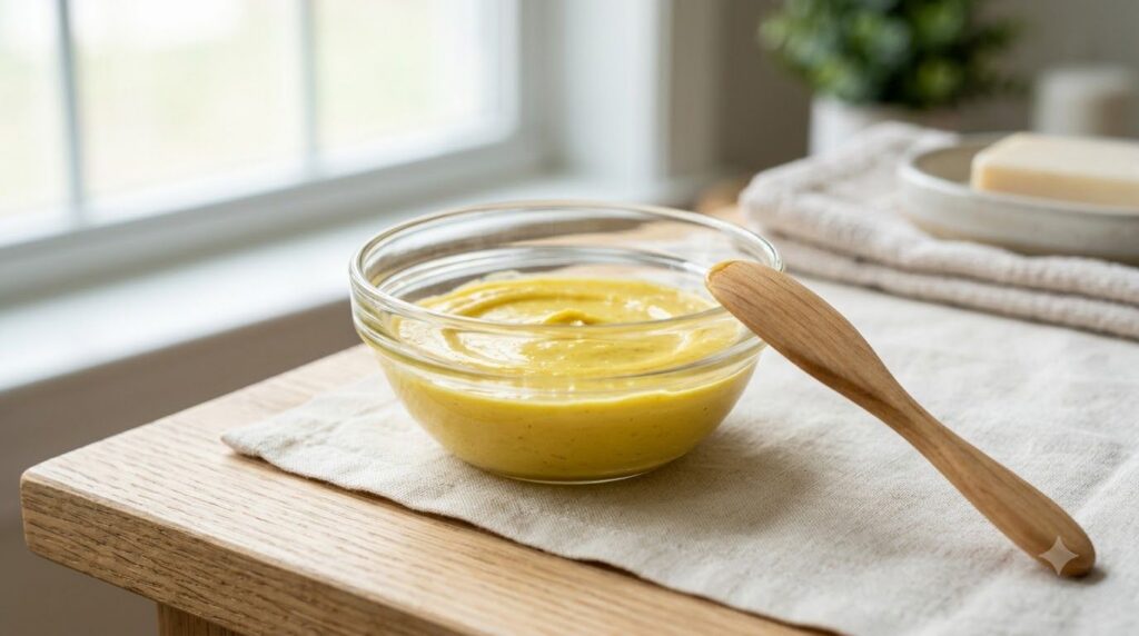 A small bowl containing a creamy yellow-tinted paste made from Vaseline lemon juice and turmeric ready for application