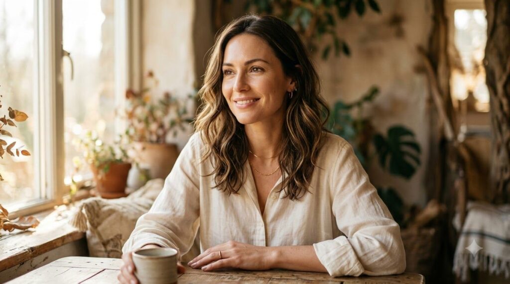 A woman with naturally glowing radiant skin smiling gently illustrating the results of natural skincare