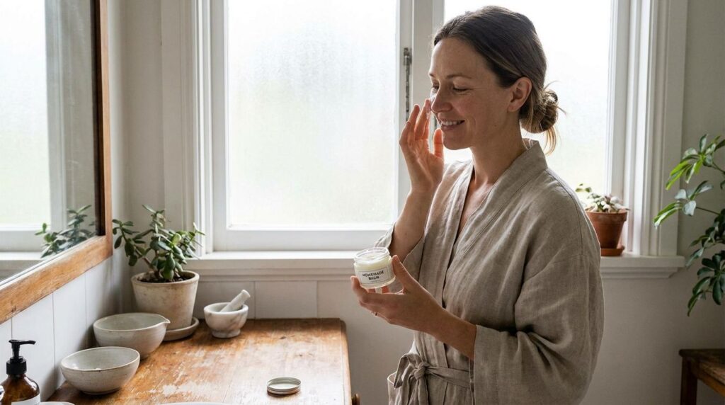 A woman applying a homemade Vaseline mask to her face with a gentle glowing expression in a well-lit bathroom